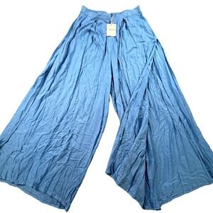 Raviya Women's Blue Wide Leg Split Pants Rayon Elastic Waist Size L NWT